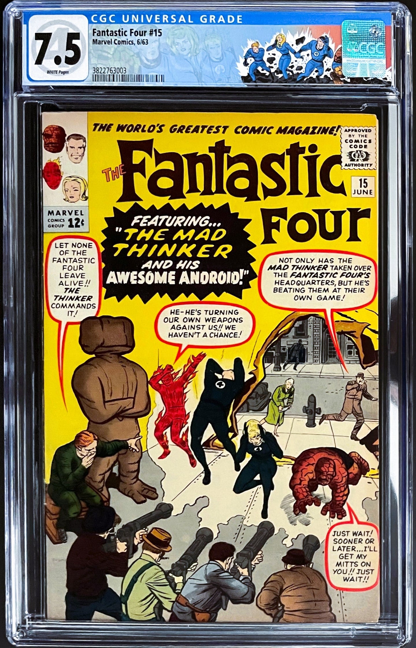 FANTASTIC FOUR #15 CGC 7.5 WHITE PAGES 💎 1st MAD THINKER (CUSTOM LABEL)