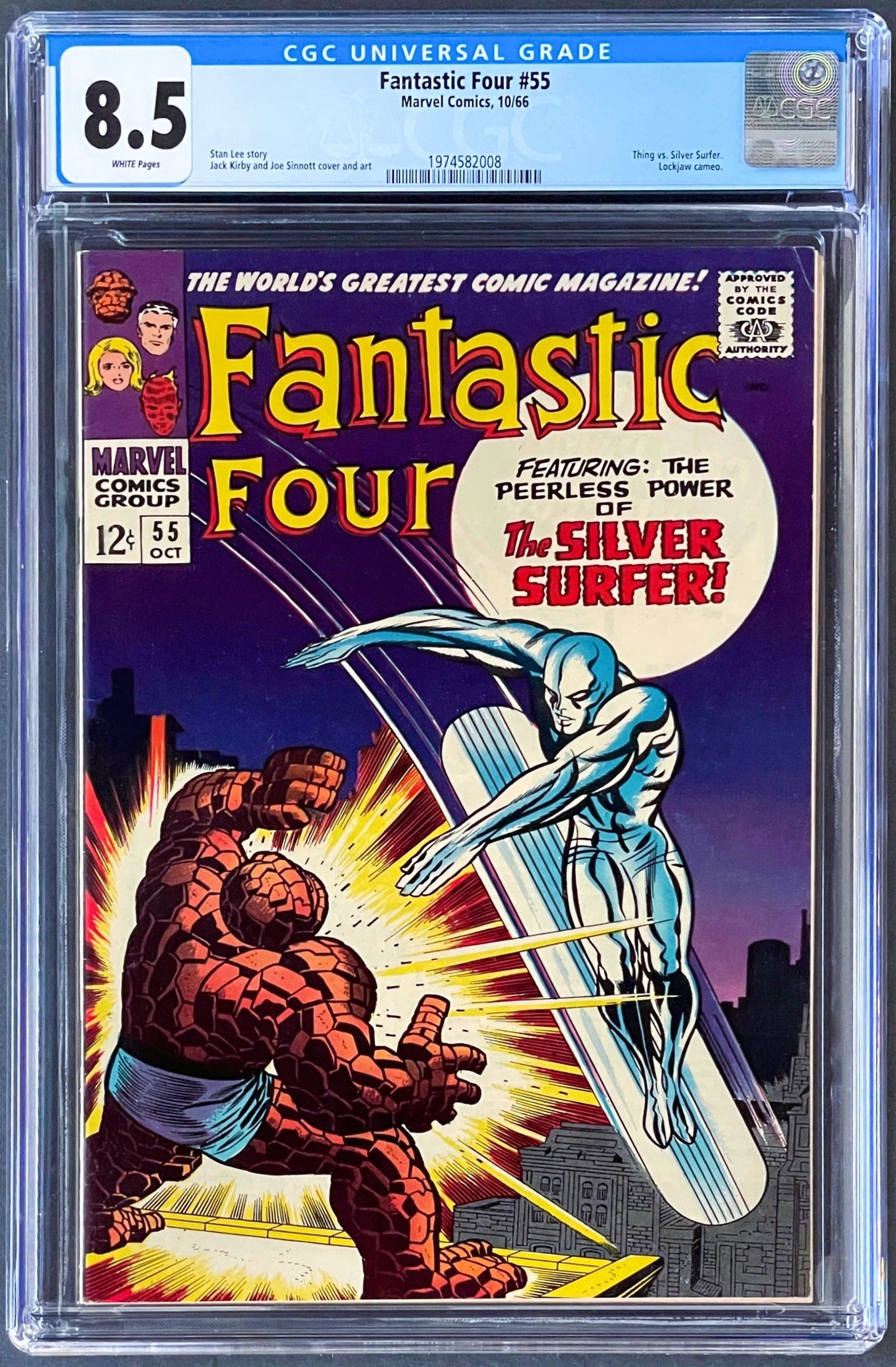 FANTASTIC FOUR #55 CGC 8.5 WHITE PAGES Thing vs. Silver Surfer 1966